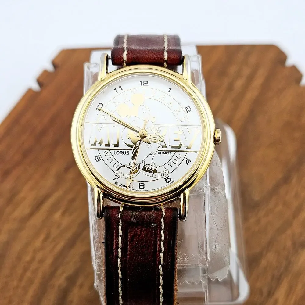 Vintage Disney Mickey Mouse 60 Year Wrist Watch Gold Tone Brown Leather Band